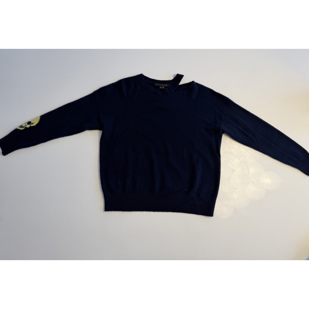 Skull Cashmere Navy Sweater with Yellow Skull on Sleeve - Size Small
